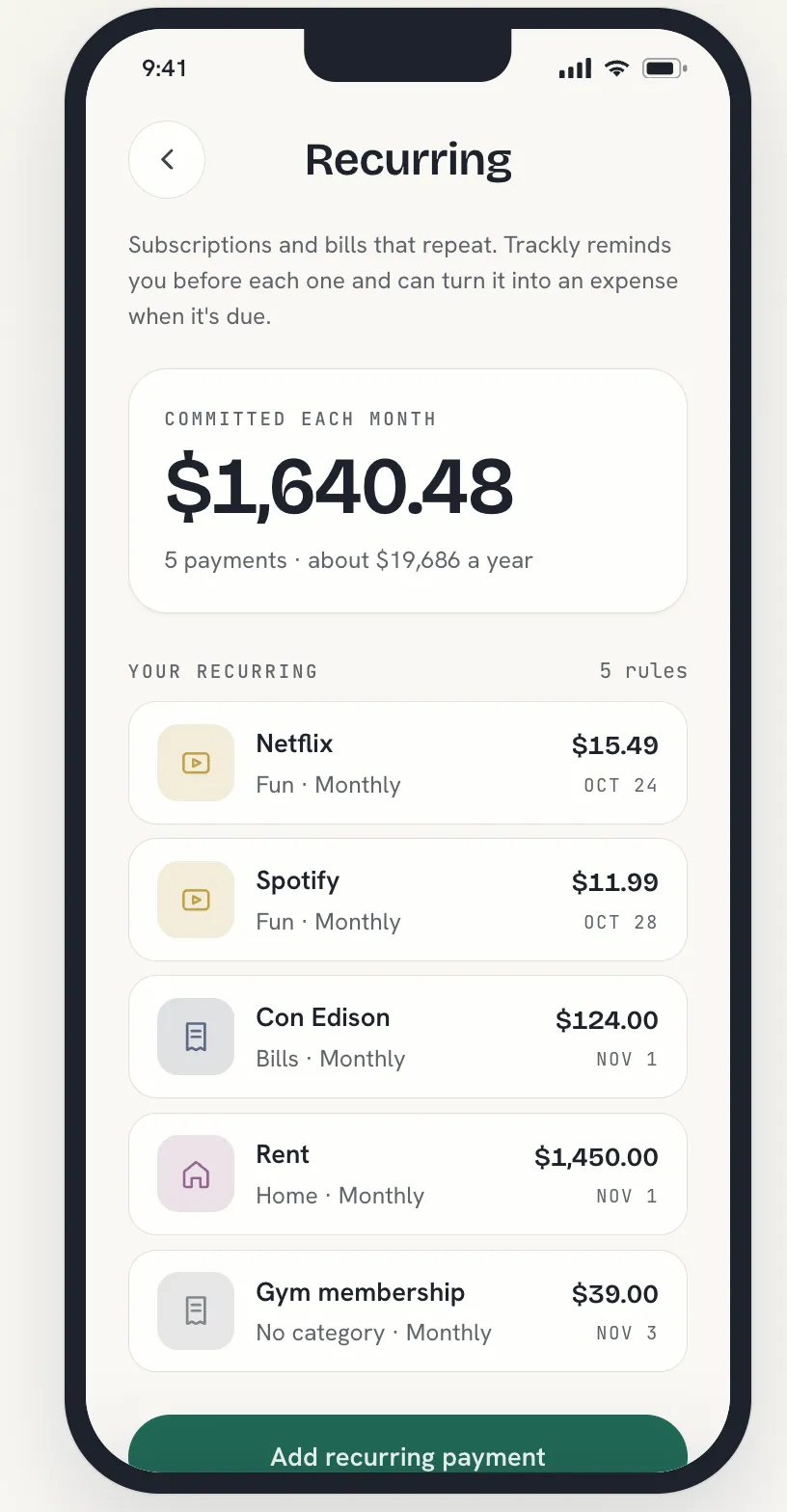 Trackly Recurring screen showing five scheduled payments and a monthly committed total of $1,640.48