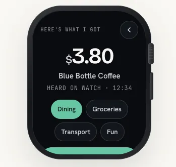 Trackly on Apple Watch reviewing a spoken coffee expense